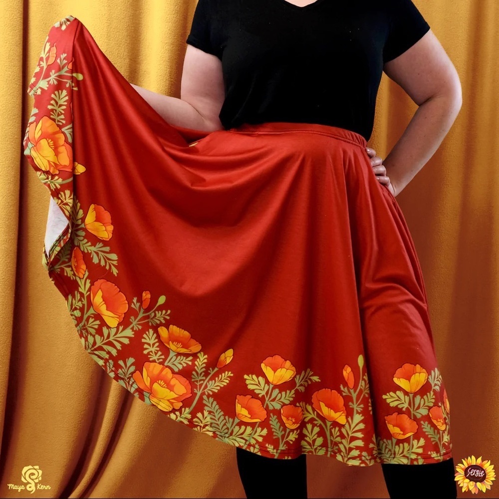 “Poppies” Print Red Circle Midi Skirt